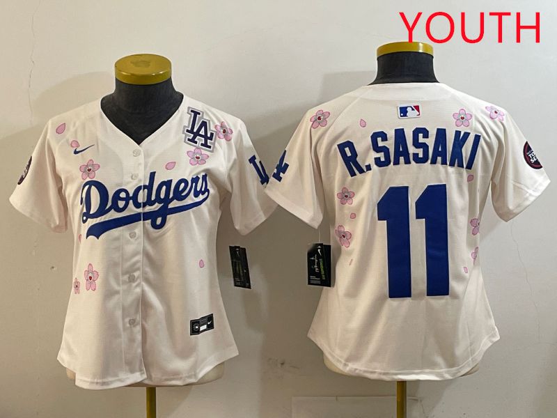 Youth Los Angeles Dodgers #11 R.Sasaki Cream Sakura Edition 2025 Nike MLB Jersey style 5